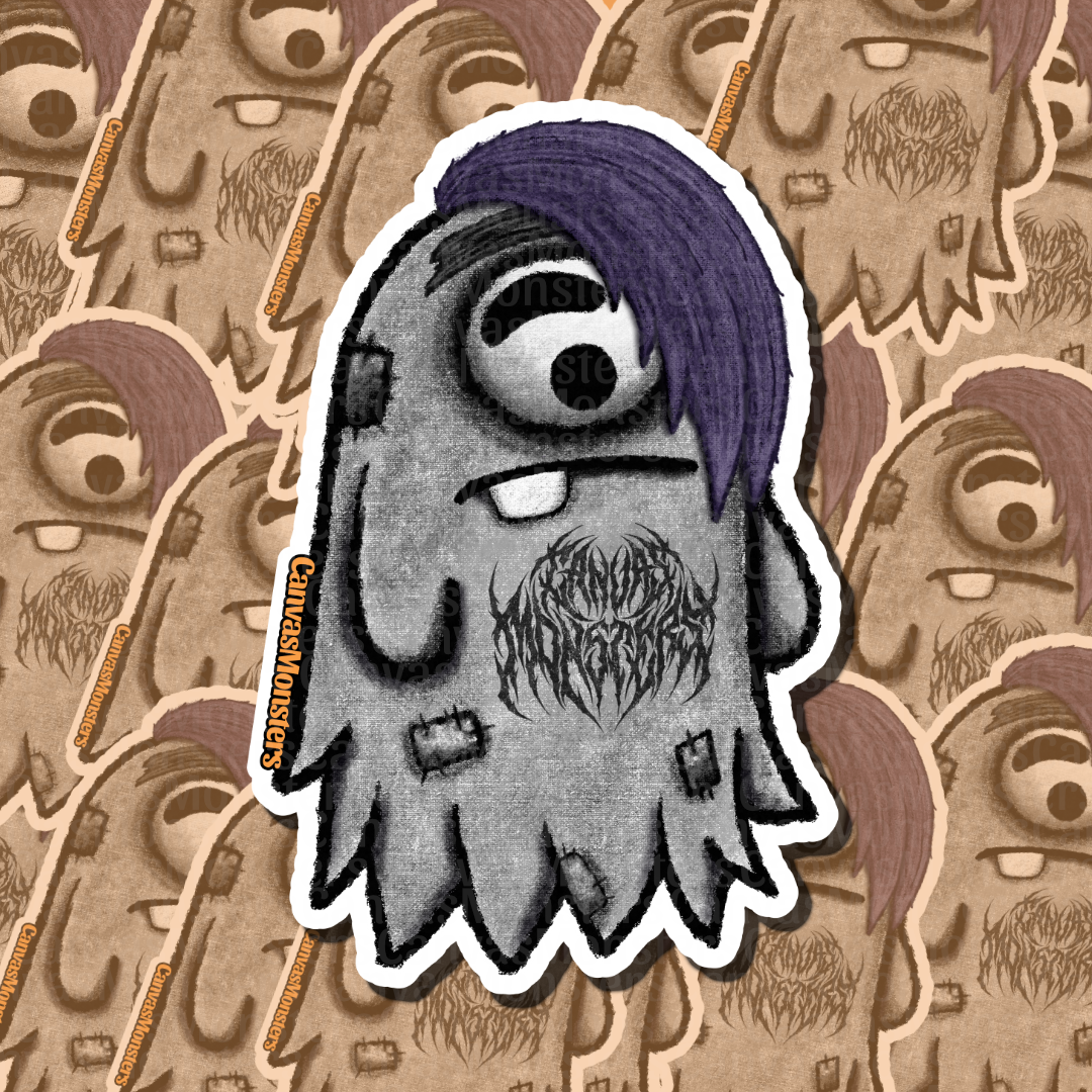 A die-cut sticker featuring a gray ghost character with a purple hair streak, one large eye, and a shirt with a metal Canvas Monsters logo, shown against a repeating tan background pattern of the same character.