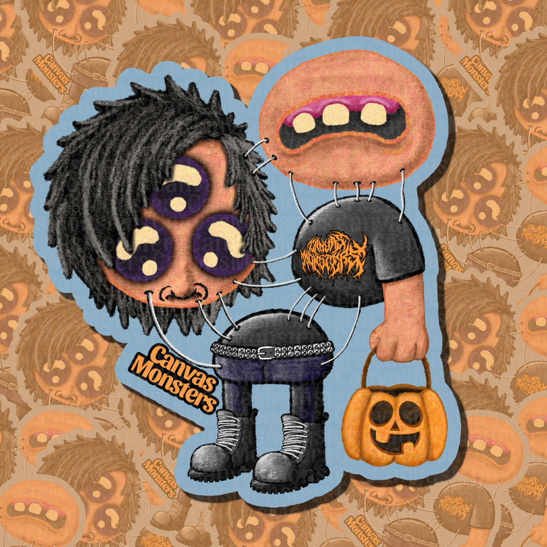 Dye cut sticker of a balloon character connected with strings and dressed up in emo gear, on a patterned background.