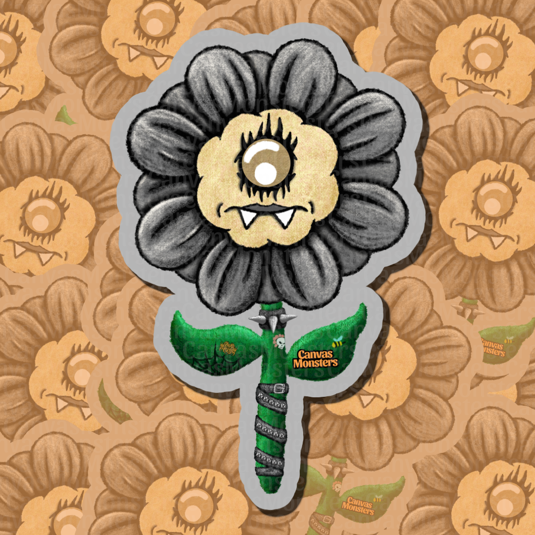 A flower character with one eye, gray flower petals, a green stem and wearing a black studded belt, on a white and patterned background.