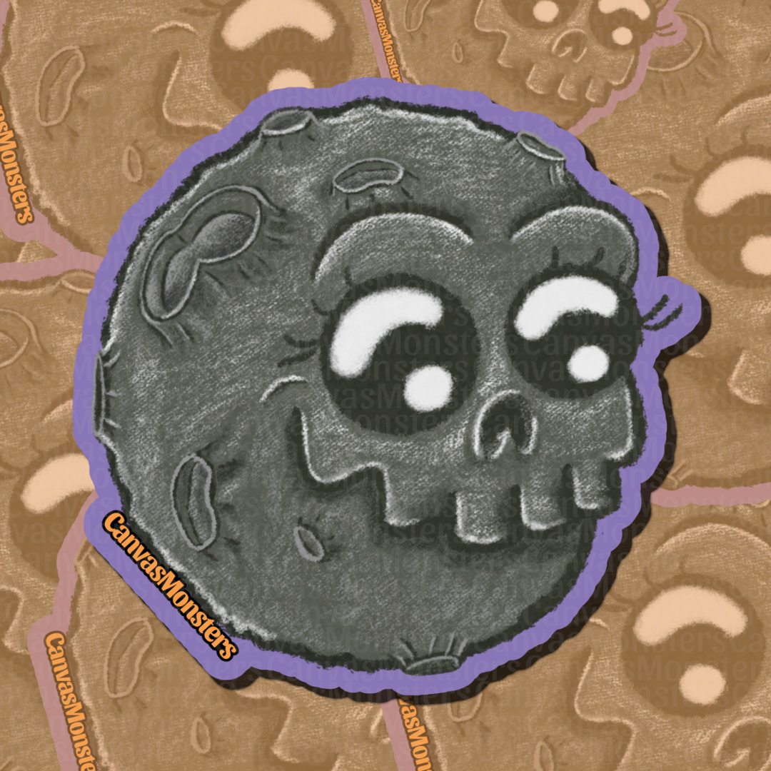 Characterized moon sticker with big eyes and eyelashes, a grin, and high eyebrown. The moon is gray on a purple background.