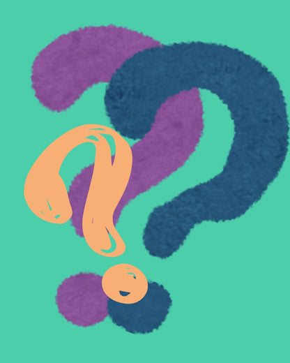 Colorful question mark and exclamation point on a teal background