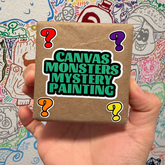 A hand holds a square brown paper wrapped around a canvas with colorful question marks and the text 'CANVAS MONSTERS MYSTERY PAINTING' on the front, with question marks in each corner.