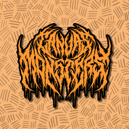 A stylized orange and black graphic logo or emblem centered on a tan patterned background. The design resembles a horned, flame-like mask or face with sharp jagged edges and dripping black shapes extending downward but the text reads CANVAS MONSTERS