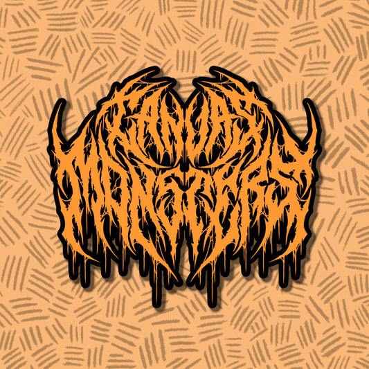 A stylized orange and black graphic logo or emblem centered on a tan patterned background. The design resembles a horned, flame-like mask or face with sharp jagged edges and dripping black shapes extending downward but the text reads CANVAS MONSTERS