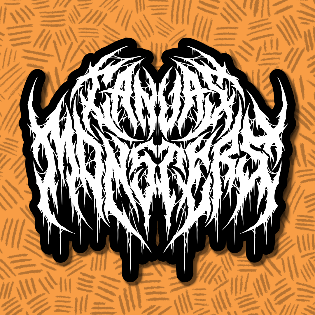A stylized white graphic logo with sharp black outlines and dripping details, that reads CANVAS MONSTERS. 