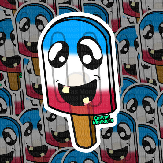 A red white and blue popsicle cartoon monster. with a background replicating the same image. 