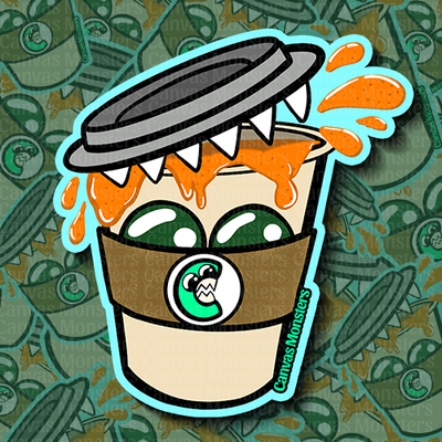 A sticker design of a cartoon monster resembling a cup of coffee with eyes and a tongue, with a splash of milk or pumpkin spiced orange coffee coming out of it.