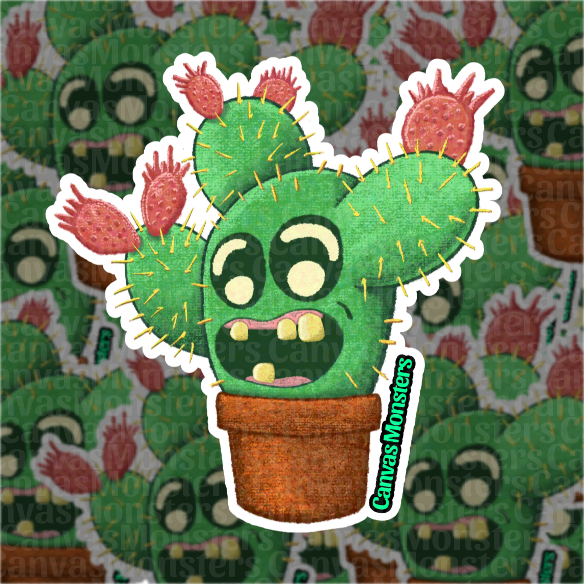 Cartoon cactus character with a surprised expression on a patterned background
