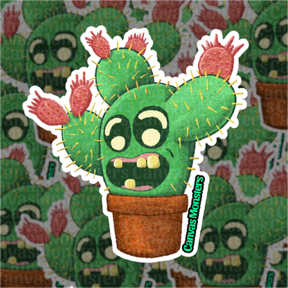 Cartoon cactus character with a surprised expression on a patterned background
