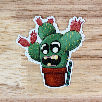 Cartoon cactus with a face on a wooden surface