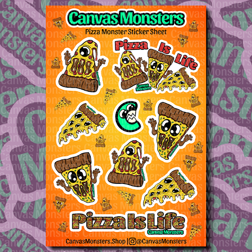 Sticker sheet with pizza-themed Canvas Monsters on an orange background