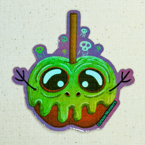 Holofoil sticker of an apple-shaped character with green poisin dripping over it on a beige background.