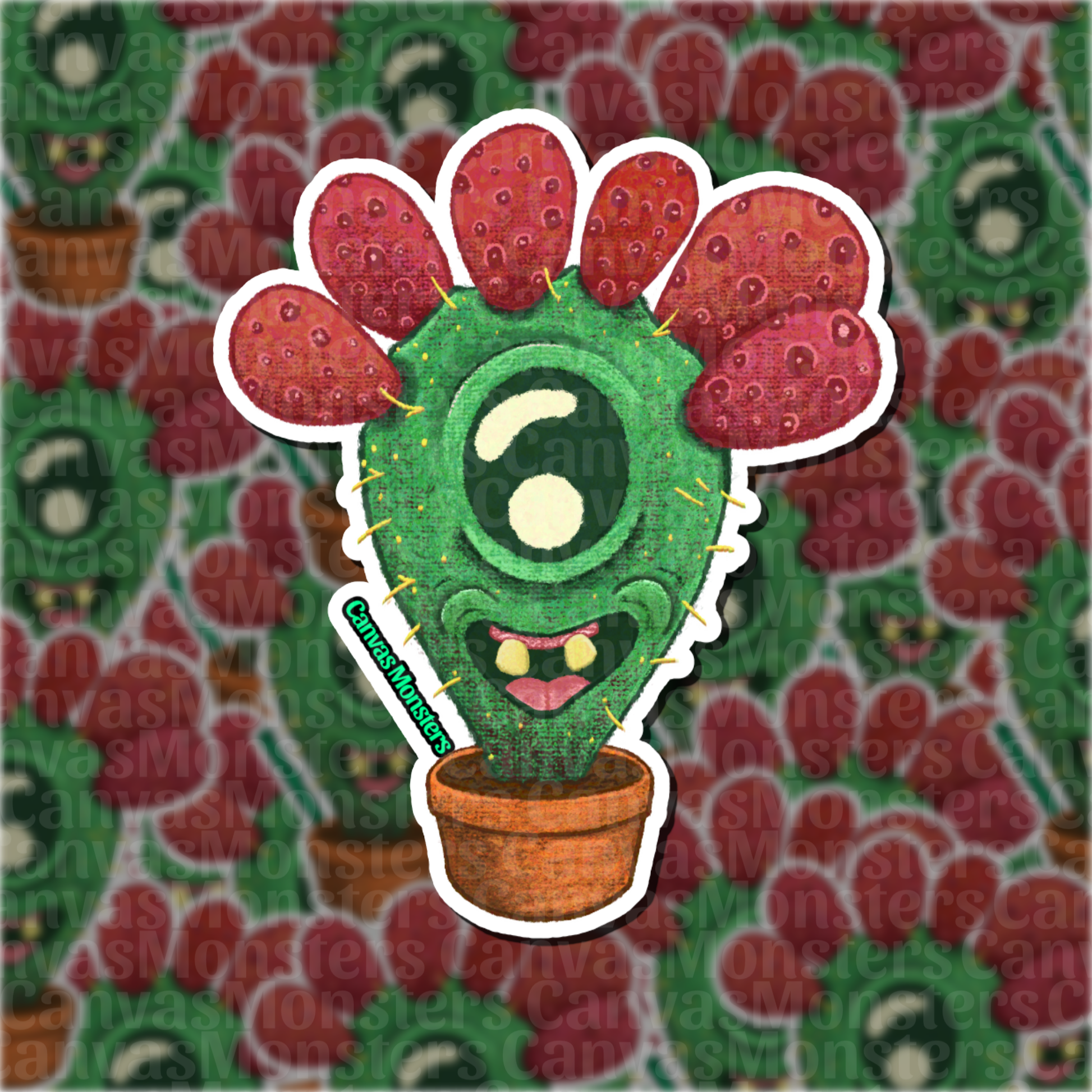 Cartoonish cactus with red flowers on a patterned background