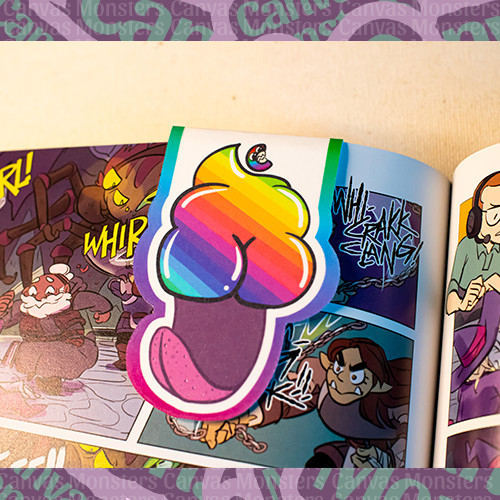 Back of a magnetic bookmark of the Canvas Monsters character "Deuce" with prominent butt cheeks.