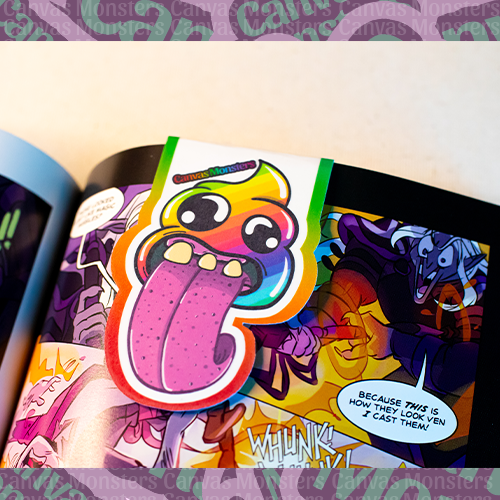 Magetic bookmark featuring Canvas Monsters character "Rainbow Deuce" with its tongue sticking out.