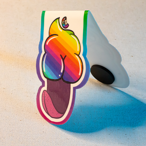 Back of magetic bookmark featuring Canvas Monsters character "Rainbow Deuce" with its butt cheeks sticking out.