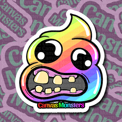 Colorful monster poop emote sticker with 'Canvas Monsters' branding on a patterned background