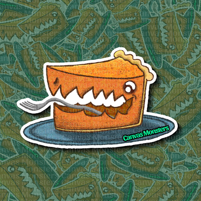 Sticker of a pie with a face on a plate, branded 'Canvas Monsters', on a green patterned background.