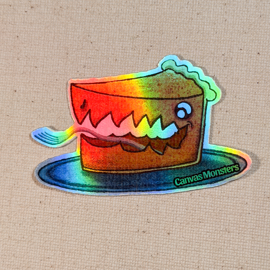 Holofoil sticker of a cartoon pie with a face on a plate, branded 'Canvas Monsters', on a textured beige background