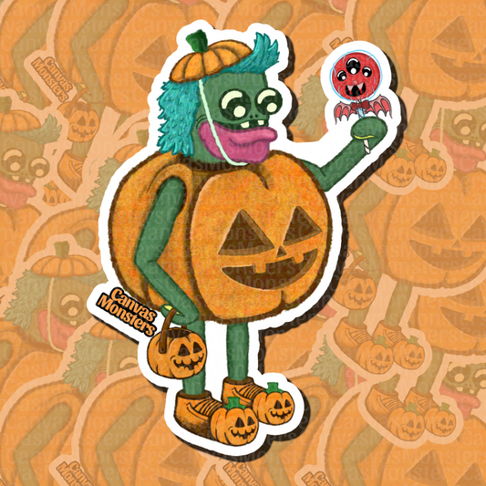 Dye-cut sticker of a frog-like character wearing a pumpkin costume, pumpkin shoes, and holding a pumpkin basket in one hand and a candy lollipop in the other hand. It's also wearing a pumpkin hat.