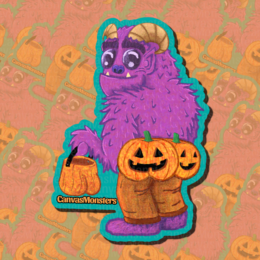 A die-cut sticker featuring a purple furry monster with small horns, holding a pumpkin bucket and jack-o'-lanterns, shown on a peach patterned background with repeated watermark text.