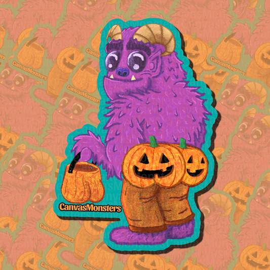 A die-cut sticker featuring a purple furry monster with small horns, holding a pumpkin bucket and jack-o'-lanterns, shown on a peach patterned background with repeated watermark text.