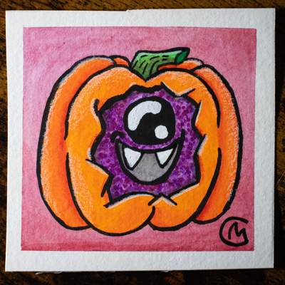 Watercolor painting of an orange pumpkin with a purple monster face, on a red background.