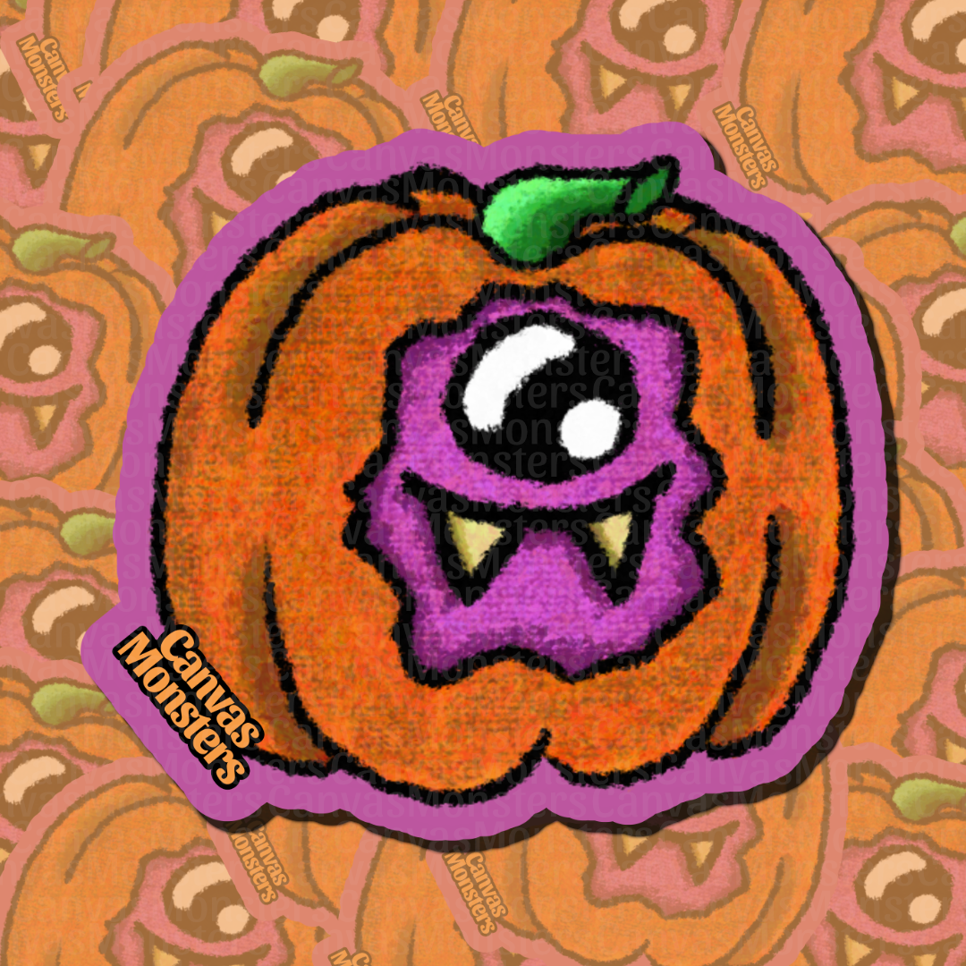 Dye cut sticker of an orange pumpkin character with a purple face on a patterned background.