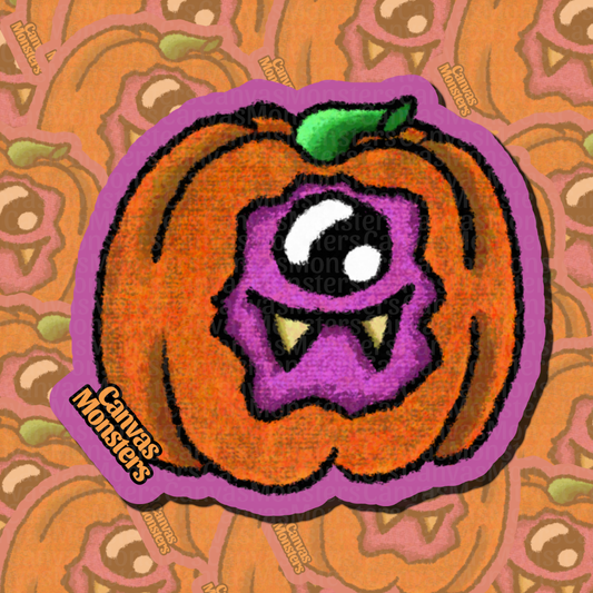 Dye cut sticker of an orange pumpkin character with a purple face on a patterned background.