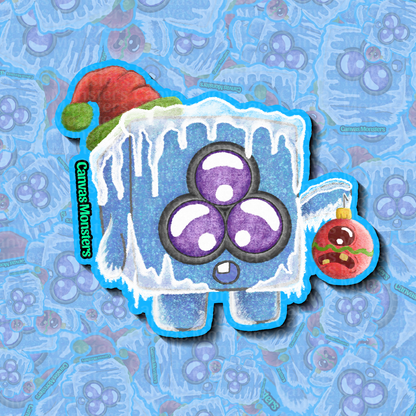 Frosty ice cube character with purple eyes holding an ornament on a blue patterned background