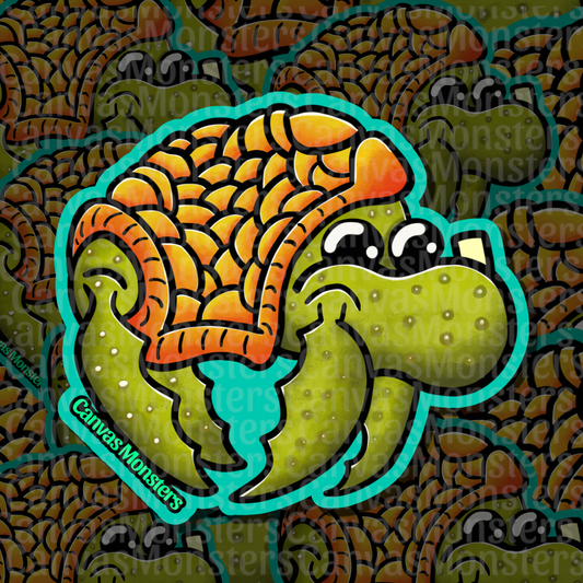 A cartoon monster sticker featuring a green turtle creature with a large orange shell and turquoise outline, shown over a repeating monster pattern background. The sticker includes the text 'CanvasMonsters' and has a visible watermark across the image.