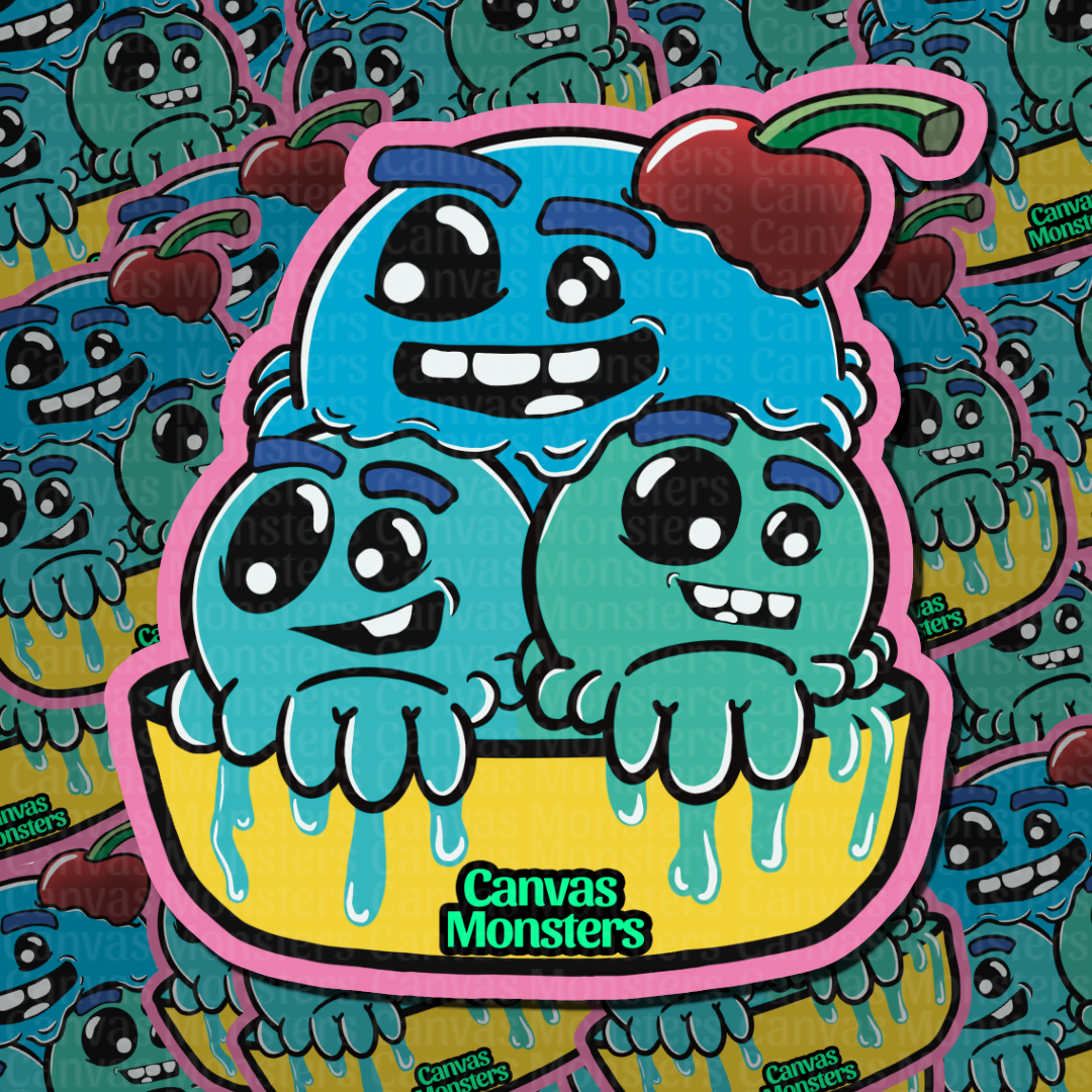 A die-cut sticker featuring three cartoonish blue and green monster faces in ice cream scoops with a cherry on top, outlined in pink. The sticker is placed over a repeating background pattern of the same design, with the text 'Canvas Monsters' visible on the yellow bowl at the bottom.