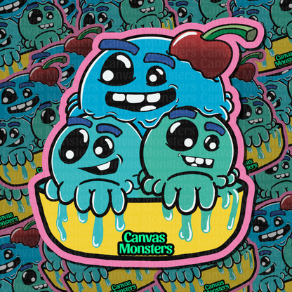 A die-cut sticker featuring three cartoonish blue and green monster faces in ice cream scoops with a cherry on top, outlined in pink. The sticker is placed over a repeating background pattern of the same design, with the text 'Canvas Monsters' visible on the yellow bowl at the bottom.