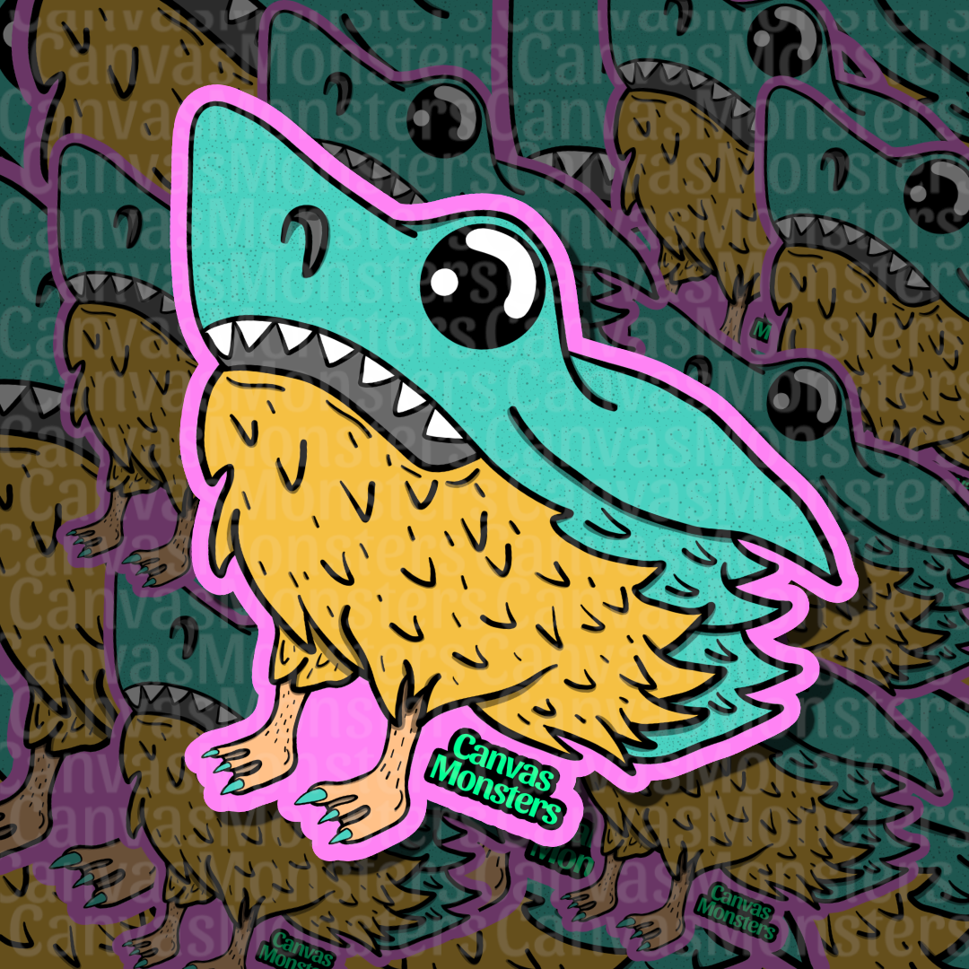 A die-cut sticker featuring a cartoon shark-bird monster with a turquoise teal head, yellow furry body, and pink outline, shown against a repeating patterned background with the text 'Canvas Monsters'.