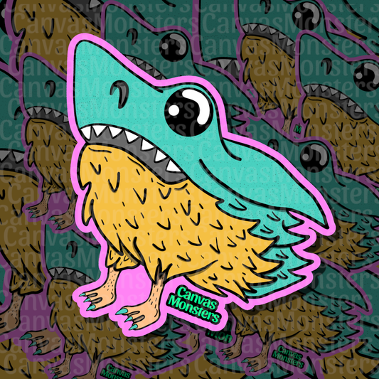 A die-cut sticker featuring a cartoon shark-bird monster with a turquoise teal head, yellow furry body, and pink outline, shown against a repeating patterned background with the text 'Canvas Monsters'.