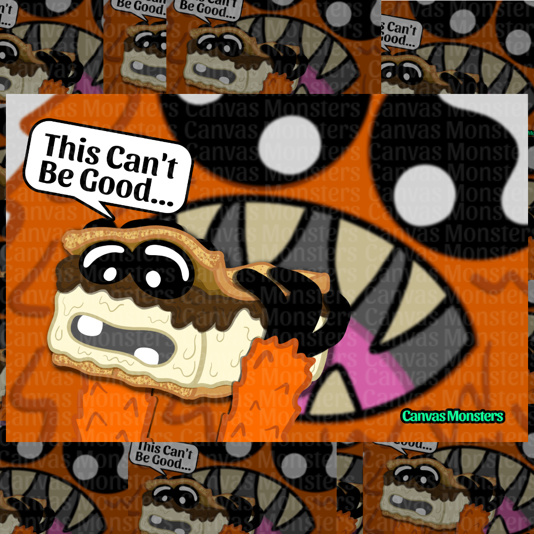 A repeating pattern of a cartoon monster  holding a Smores Monster - face with a speech bubble reading 'This Can't Be Good.