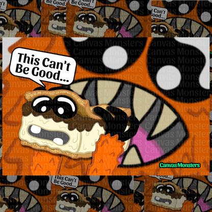 A repeating pattern of a cartoon monster  holding a Smores Monster - face with a speech bubble reading 'This Can't Be Good.