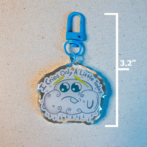 Keychain with Nimby the cloud raining and the words "I Cried Only A Little Today"