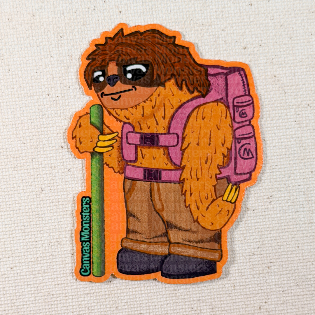 Sticker of a sloth character with a backpack and a pole on a textured beige background