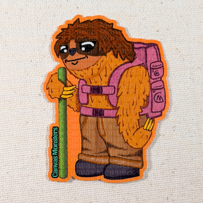 Sticker of a sloth character with a backpack and a pole on a textured beige background