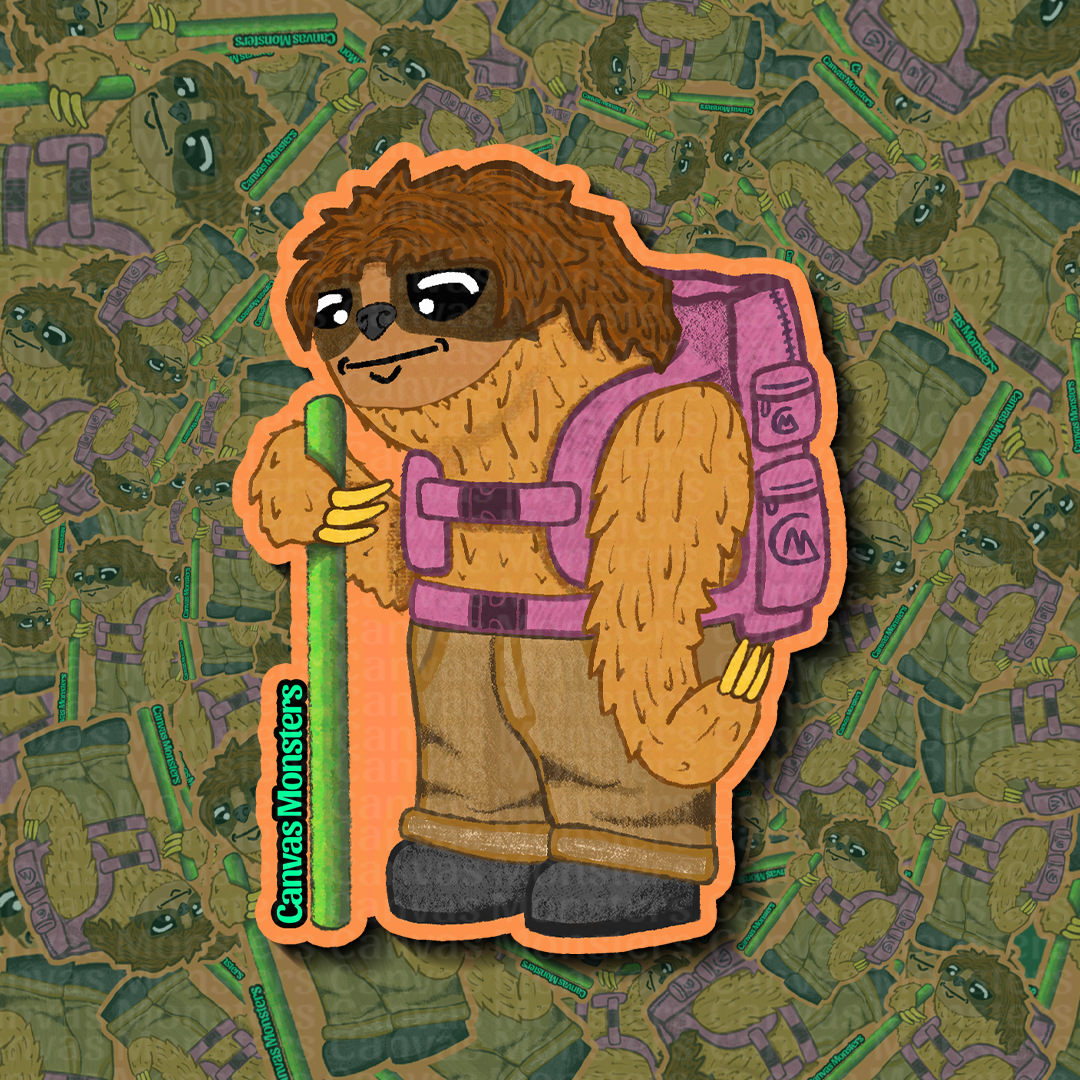 Sticker of a sloth character with a backpack and holding a pole, on a patterned background.