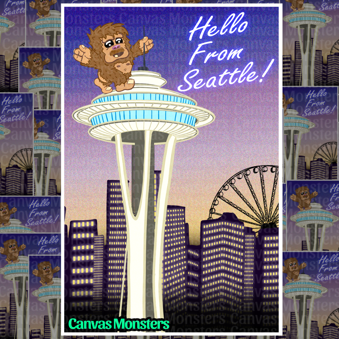 A Sasquatch character standing on the Seattle Space Needle, waving with a cityscape background. Featuring text at the top right corner saying Hello From Seattle!