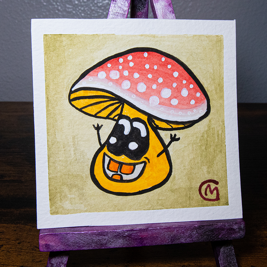 A watercolor painting of a smiling cartoon monster with a pink mushroom cap, displayed on a purple easel.