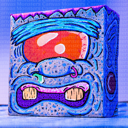 Colorful abstract Monster painting on a canvas block. Featuring a giant orange eye, blue skin, and silver highlights. 
