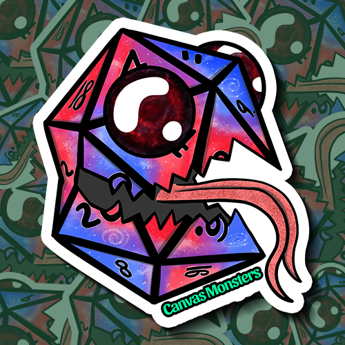 A sticker depicting a colorful, stylized monster resembling a D20 dice, with a playful and vibrant design.