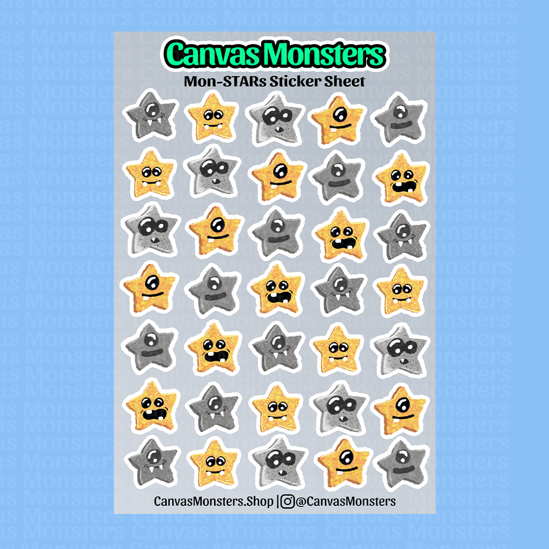 Sheet of star-shaped stickers with faces on a blue background, branded 'Canvas Monsters'.