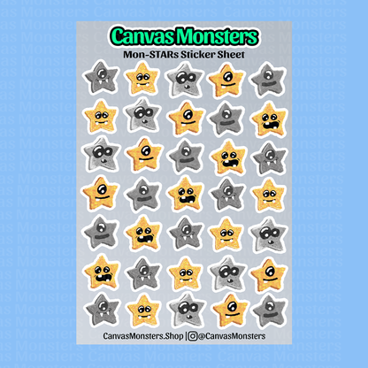 Sheet of star-shaped stickers with faces on a blue background, branded 'Canvas Monsters'.
