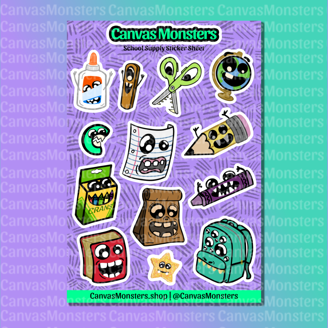 Sheet of cartoon school supply stickers with 'Canvas Monsters' branding on a purple background.