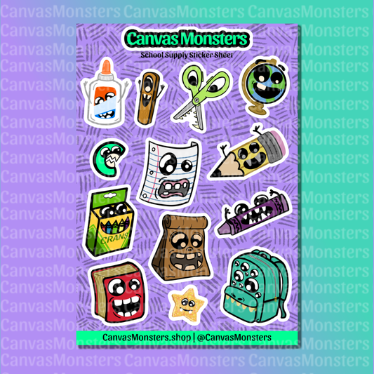 Sheet of cartoon school supply stickers with 'Canvas Monsters' branding on a purple background.