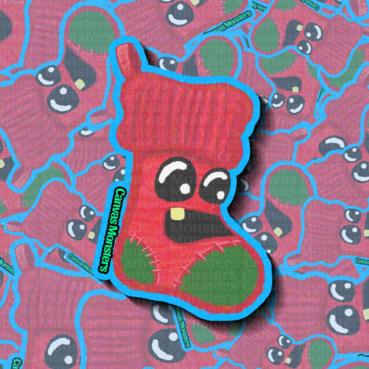 Red stocking with cartoon face on a patterned background
